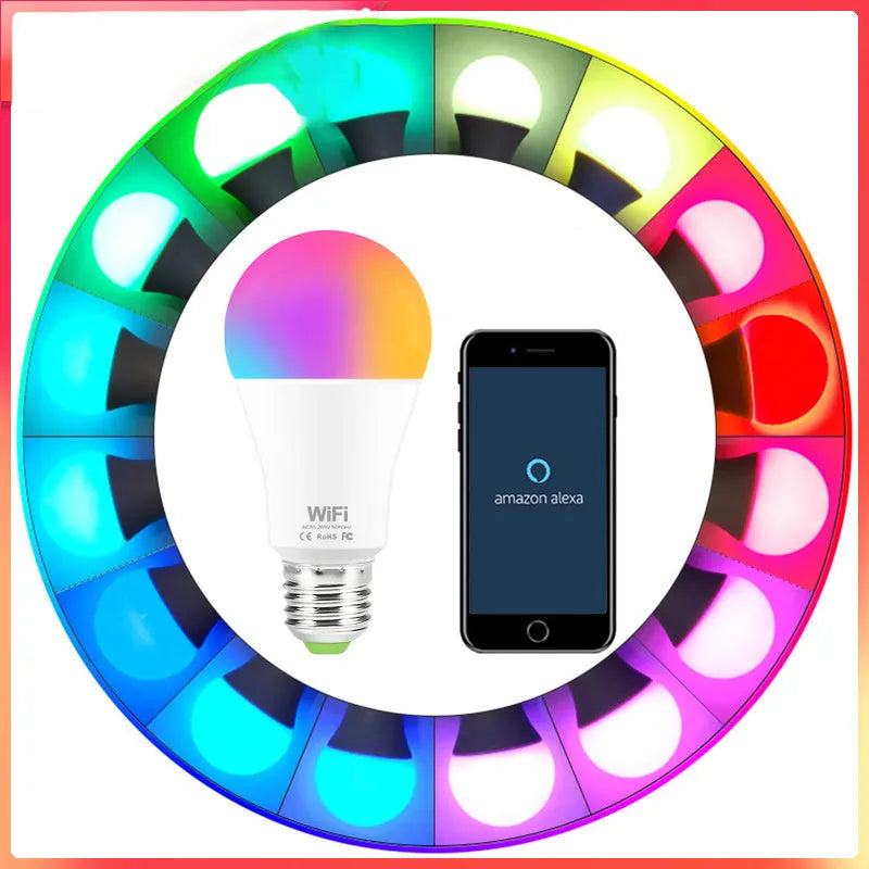 15W WiFi smart LED light bulb with E27 and B22 cap options for colour changing and dimming.