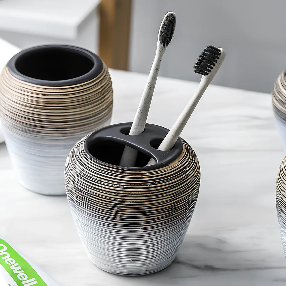 Retro brushed ceramic bathroom set with soap dish, toothbrush holder, and tumbler on vanity