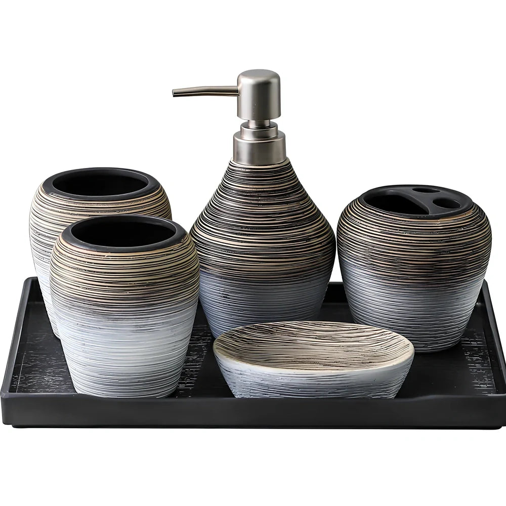 Retro brushed ceramic bathroom set with soap dish, toothbrush holder, and tumbler on vanity