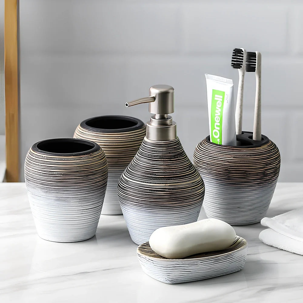 Retro brushed ceramic bathroom set with soap dish, toothbrush holder, and tumbler on vanity