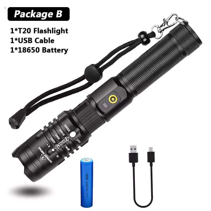 Zoomable USB rechargeable flashlight with aluminum alloy body and five lighting modes