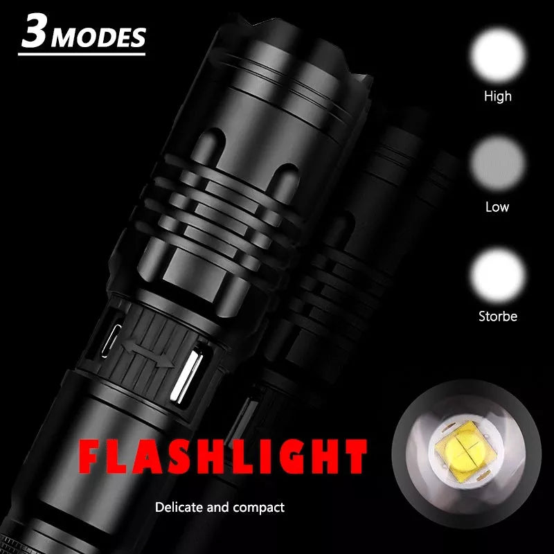 Zoomable USB rechargeable flashlight with aluminum alloy body and five lighting modes