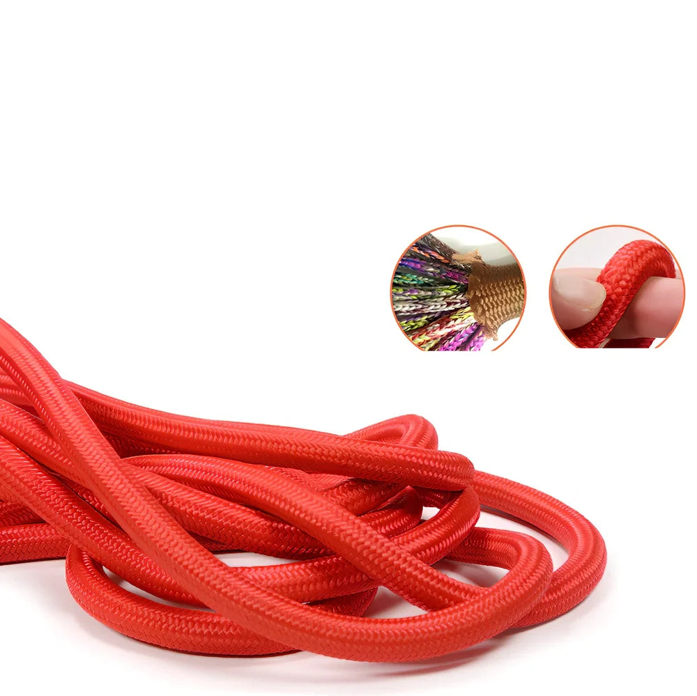 Nylon dog walking traction rope showing black, blue, orange, and red colour options with length and width variations