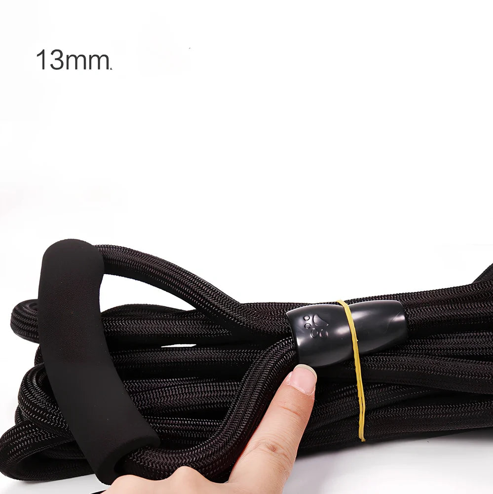 Nylon dog walking traction rope showing black, blue, orange, and red colour options with length and width variations