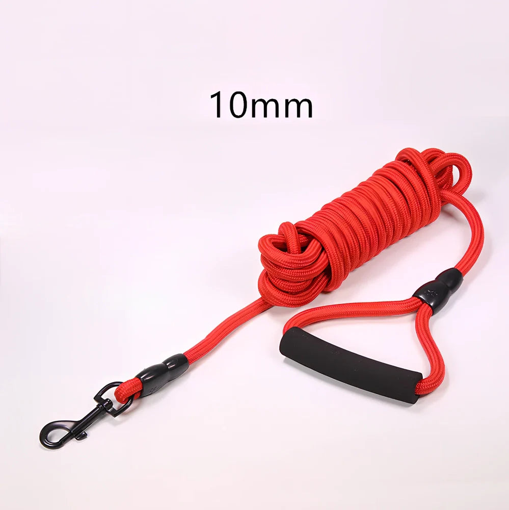 Nylon dog walking traction rope showing black, blue, orange, and red colour options with length and width variations