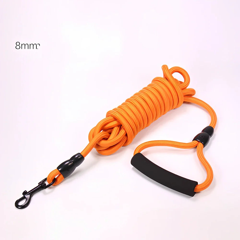 Nylon dog walking traction rope showing black, blue, orange, and red colour options with length and width variations