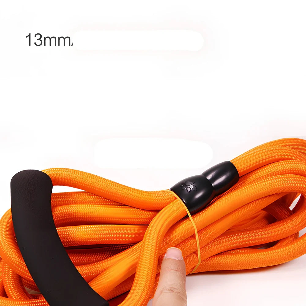 Nylon dog walking traction rope showing black, blue, orange, and red colour options with length and width variations