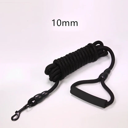 Nylon dog walking traction rope showing black, blue, orange, and red colour options with length and width variations