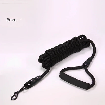 Nylon dog walking traction rope showing black, blue, orange, and red colour options with length and width variations