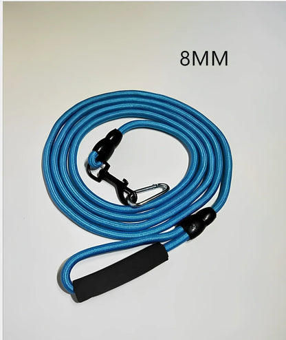 Nylon dog walking traction rope showing black, blue, orange, and red colour options with length and width variations