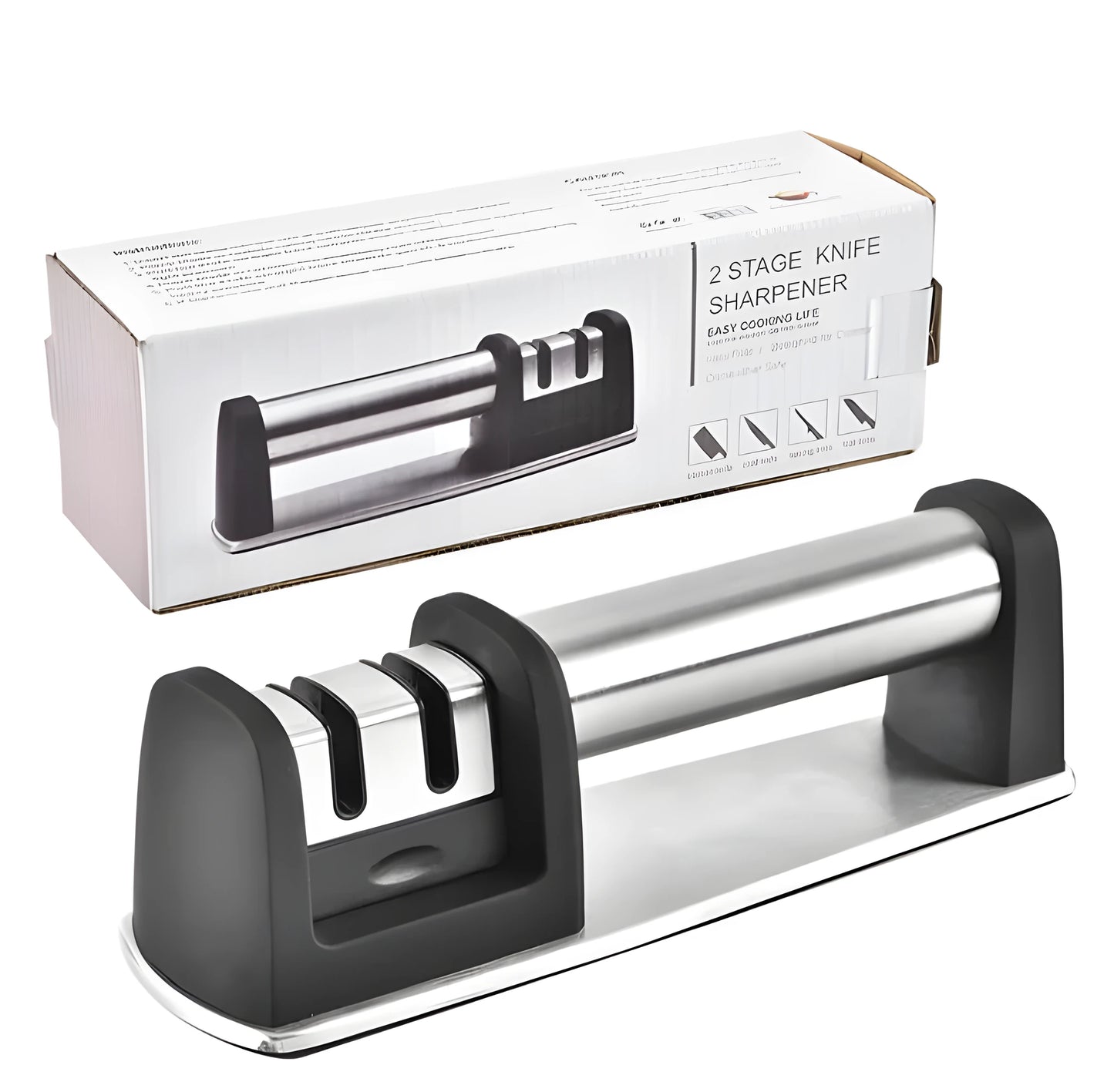 Black ABS plastic manual kitchen knife sharpener with an ergonomic handle.