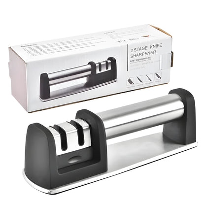 Black ABS plastic manual kitchen knife sharpener with an ergonomic handle.