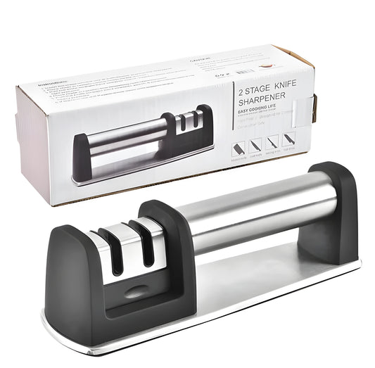 Black ABS plastic manual kitchen knife sharpener with an ergonomic handle.