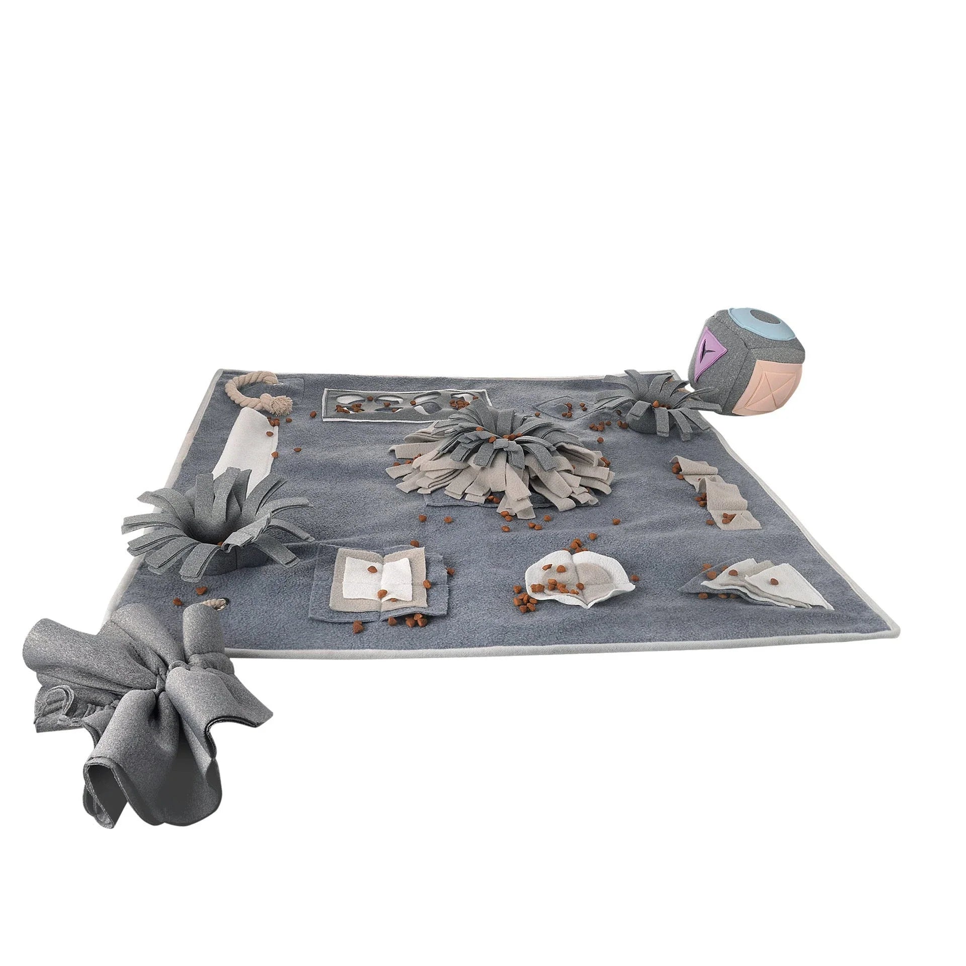 A grey snuffle pad with a soft, plush surface for hiding treats to stimulate a pet's natural foraging skills.