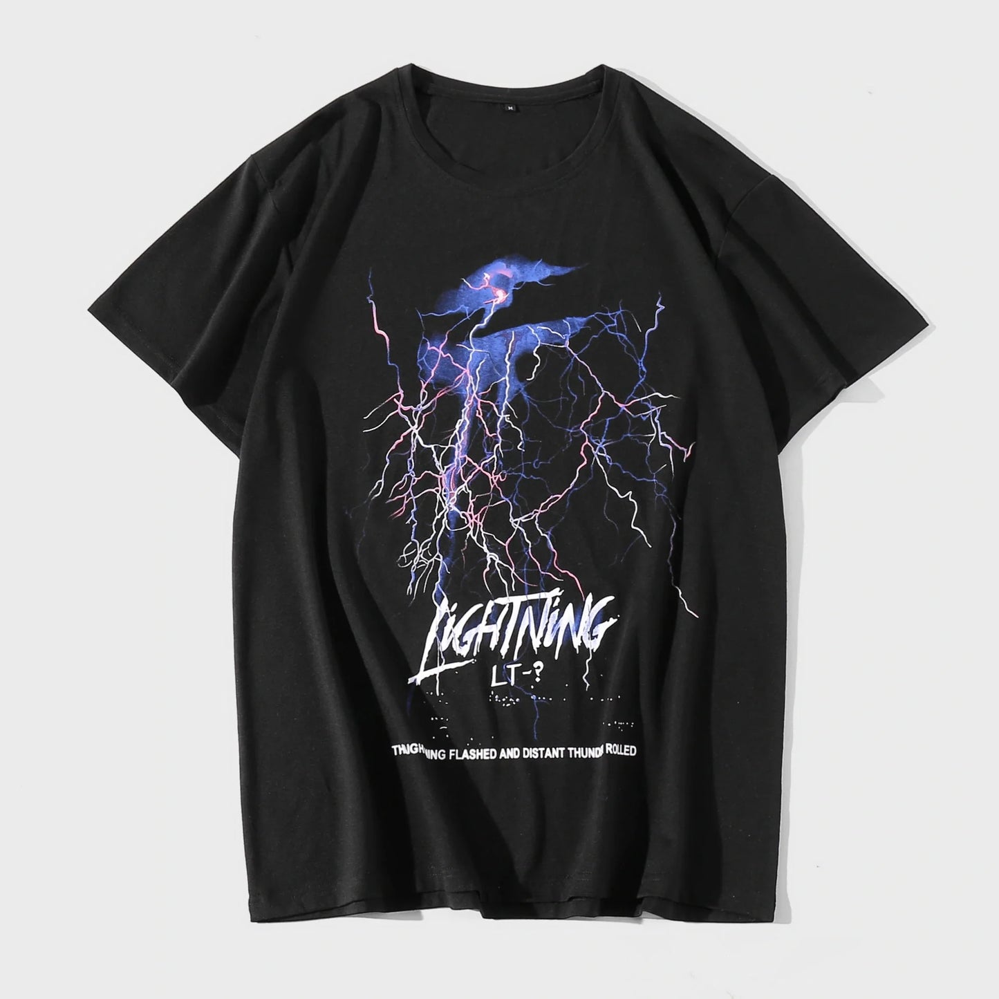 Men's black lightning print round neck short sleeve cotton shirt