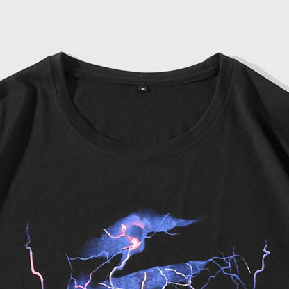 Men's black lightning print round neck short sleeve cotton shirt