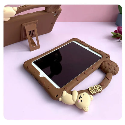 Brown cartoon silicone sleeve for iPad tablets showing skin-friendly texture and slim profile