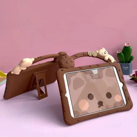 Brown cartoon silicone sleeve for iPad tablets showing skin-friendly texture and slim profile