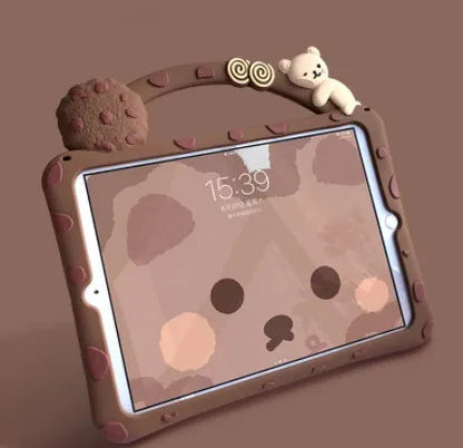 Brown cartoon silicone sleeve for iPad tablets showing skin-friendly texture and slim profile