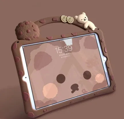Brown cartoon silicone sleeve for iPad tablets showing skin-friendly texture and slim profile