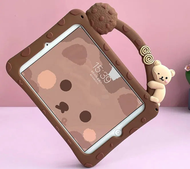 Brown cartoon silicone sleeve for iPad tablets showing skin-friendly texture and slim profile