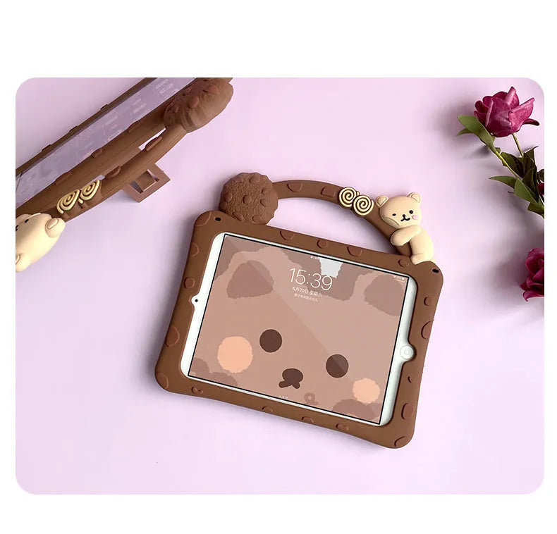 Brown cartoon silicone sleeve for iPad tablets showing skin-friendly texture and slim profile