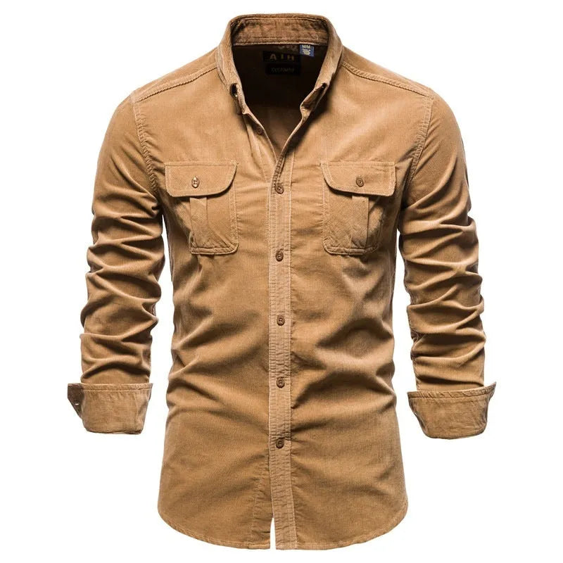Men's long-sleeve linen shirt in Denim Blue colour, showing button front and sleeve detail