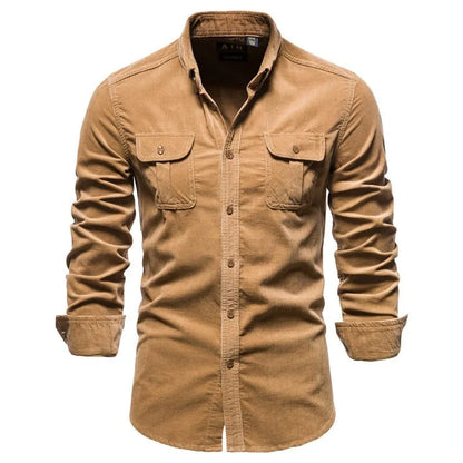 Men's long-sleeve linen shirt in Denim Blue colour, showing button front and sleeve detail