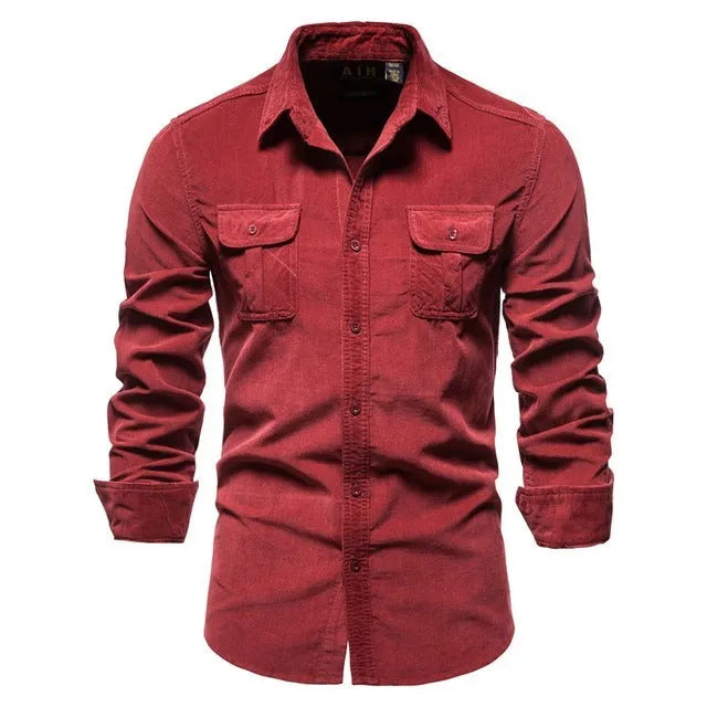 Men's long-sleeve linen shirt in Denim Blue colour, showing button front and sleeve detail