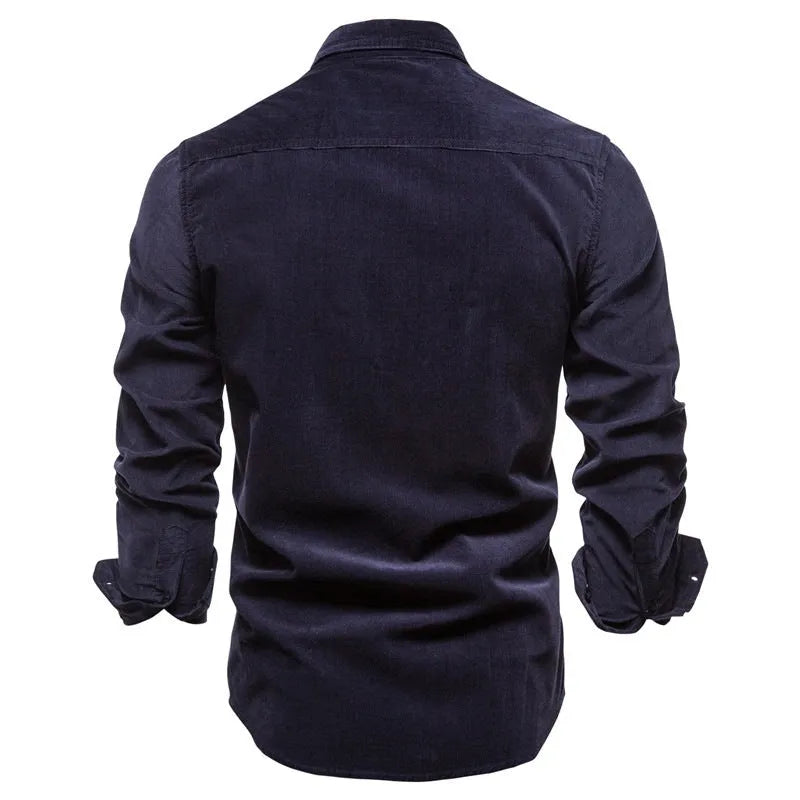 Men's long-sleeve linen shirt in Denim Blue colour, showing button front and sleeve detail