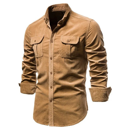 Men's long-sleeve linen shirt in Denim Blue colour, showing button front and sleeve detail
