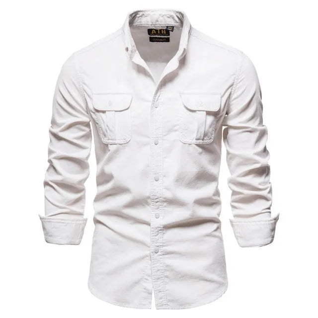Men's long-sleeve linen shirt in Denim Blue colour, showing button front and sleeve detail
