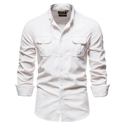 Men's long-sleeve linen shirt in Denim Blue colour, showing button front and sleeve detail