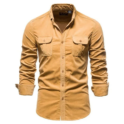 Men's long-sleeve linen shirt in Denim Blue colour, showing button front and sleeve detail