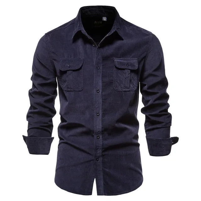 Men's long-sleeve linen shirt in Denim Blue colour, showing button front and sleeve detail