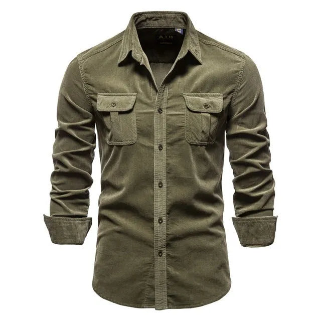 Men's long-sleeve linen shirt in Denim Blue colour, showing button front and sleeve detail