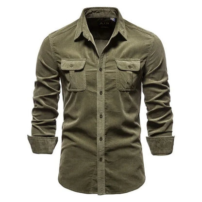 Men's long-sleeve linen shirt in Denim Blue colour, showing button front and sleeve detail