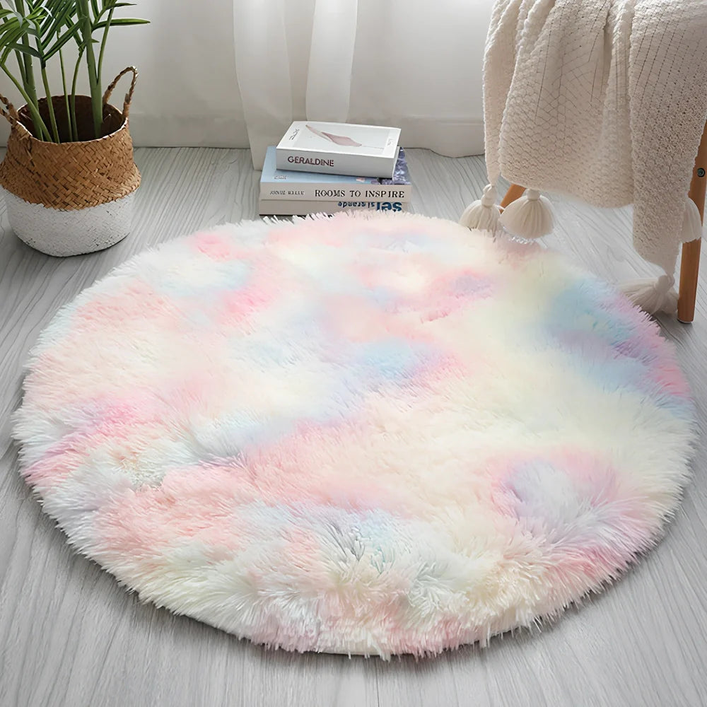 Rainbow tie-dye round polyester carpet, 81-90% fibre, diameters 60-200cm, machine-woven for home use