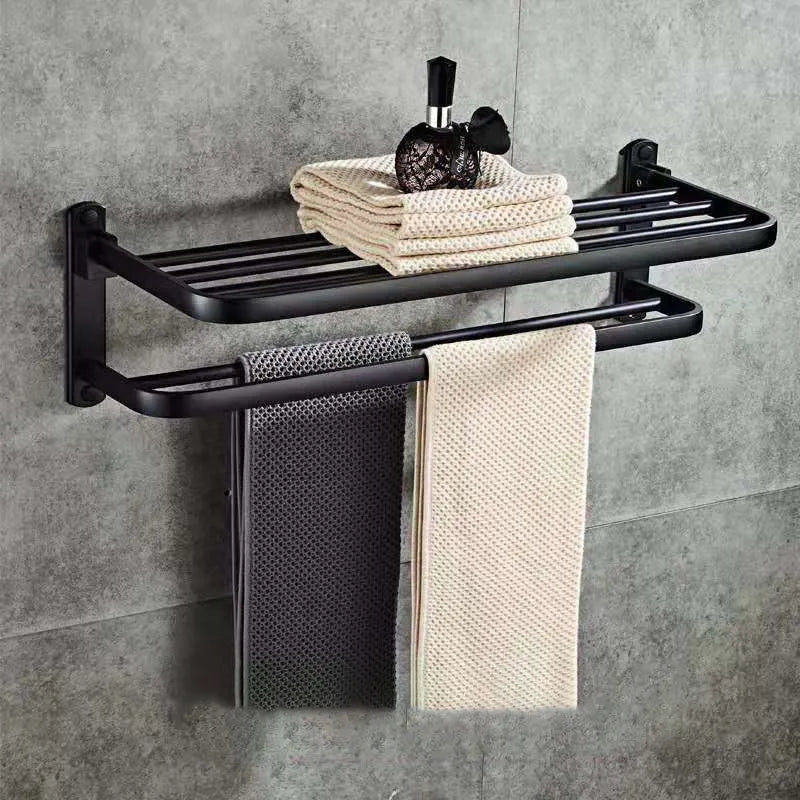 Aluminium bathroom folding shelf, perforated towel rack with anodised finish, 2-tier space-saving storage shelf, light luxury style, load capacity 25kg, choice of 40cm or 50cm width with optional hooks