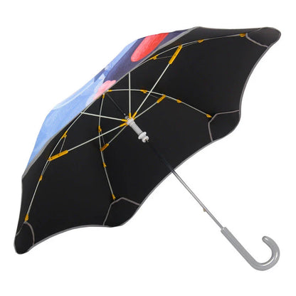 Children's umbrella with rounded corners, reflective trim, and comfortable handle design