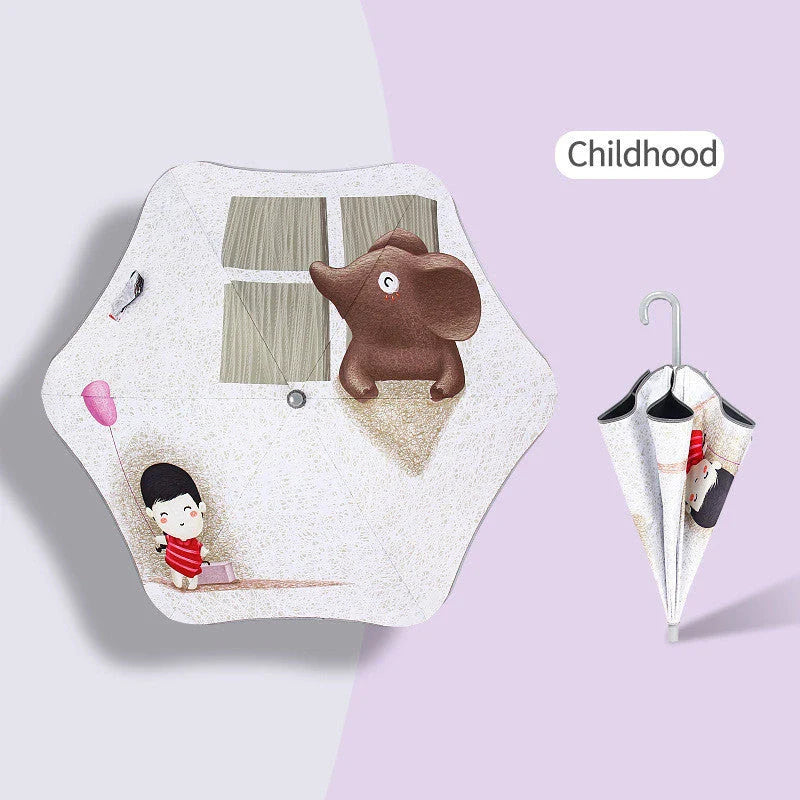 Children's umbrella with rounded corners, reflective trim, and comfortable handle design