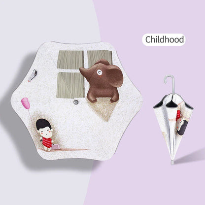 Children's umbrella with rounded corners, reflective trim, and comfortable handle design