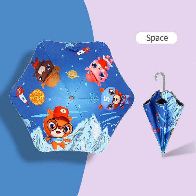 Children's umbrella with rounded corners, reflective trim, and comfortable handle design