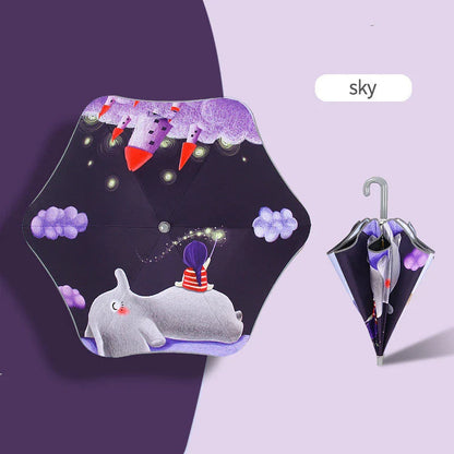 Children's umbrella with rounded corners, reflective trim, and comfortable handle design