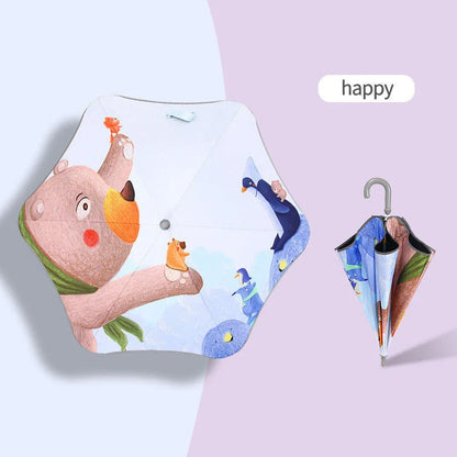Children's umbrella with rounded corners, reflective trim, and comfortable handle design