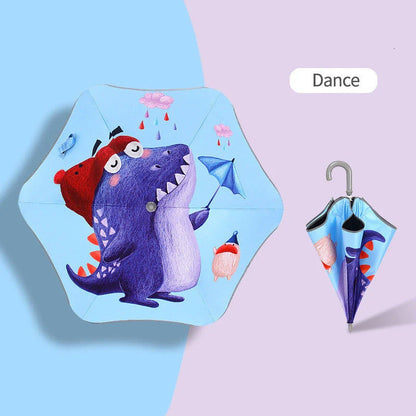 Children's umbrella with rounded corners, reflective trim, and comfortable handle design