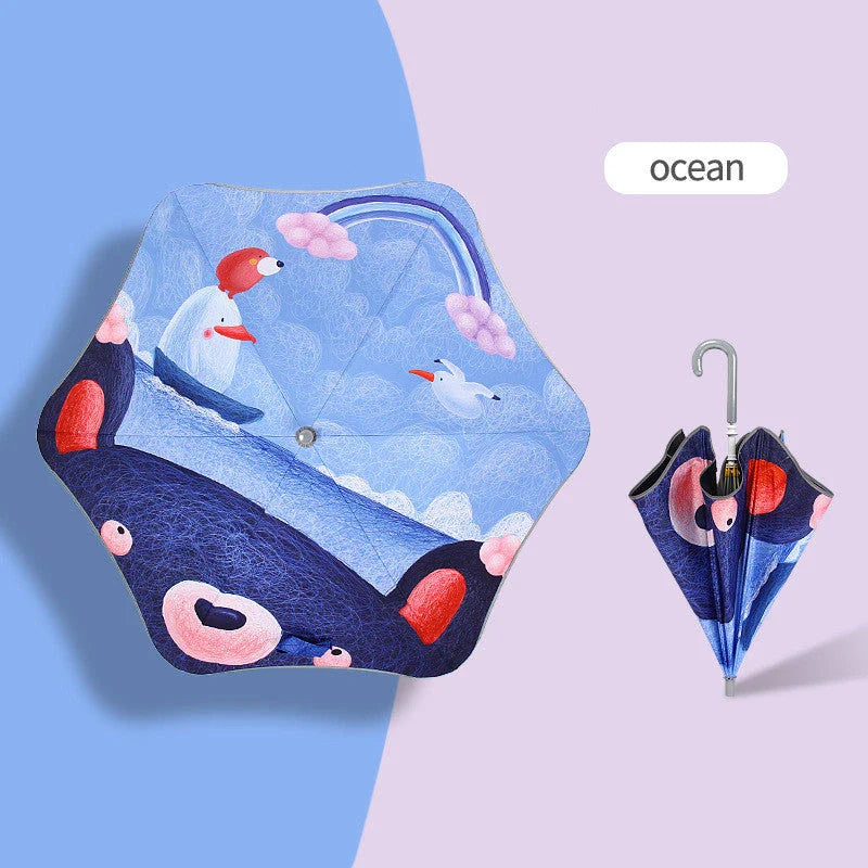 Children's umbrella with rounded corners, reflective trim, and comfortable handle design
