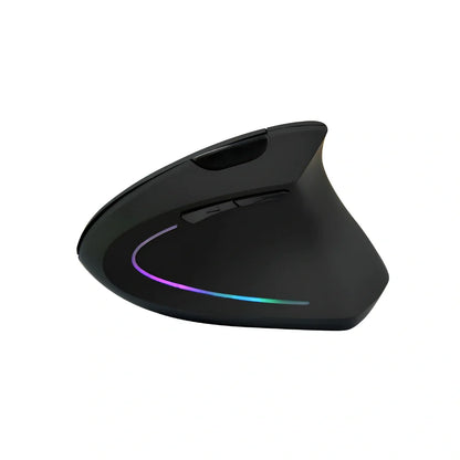 Black ergonomic vertical wireless mouse showing 57-degree angle design with USB receiver