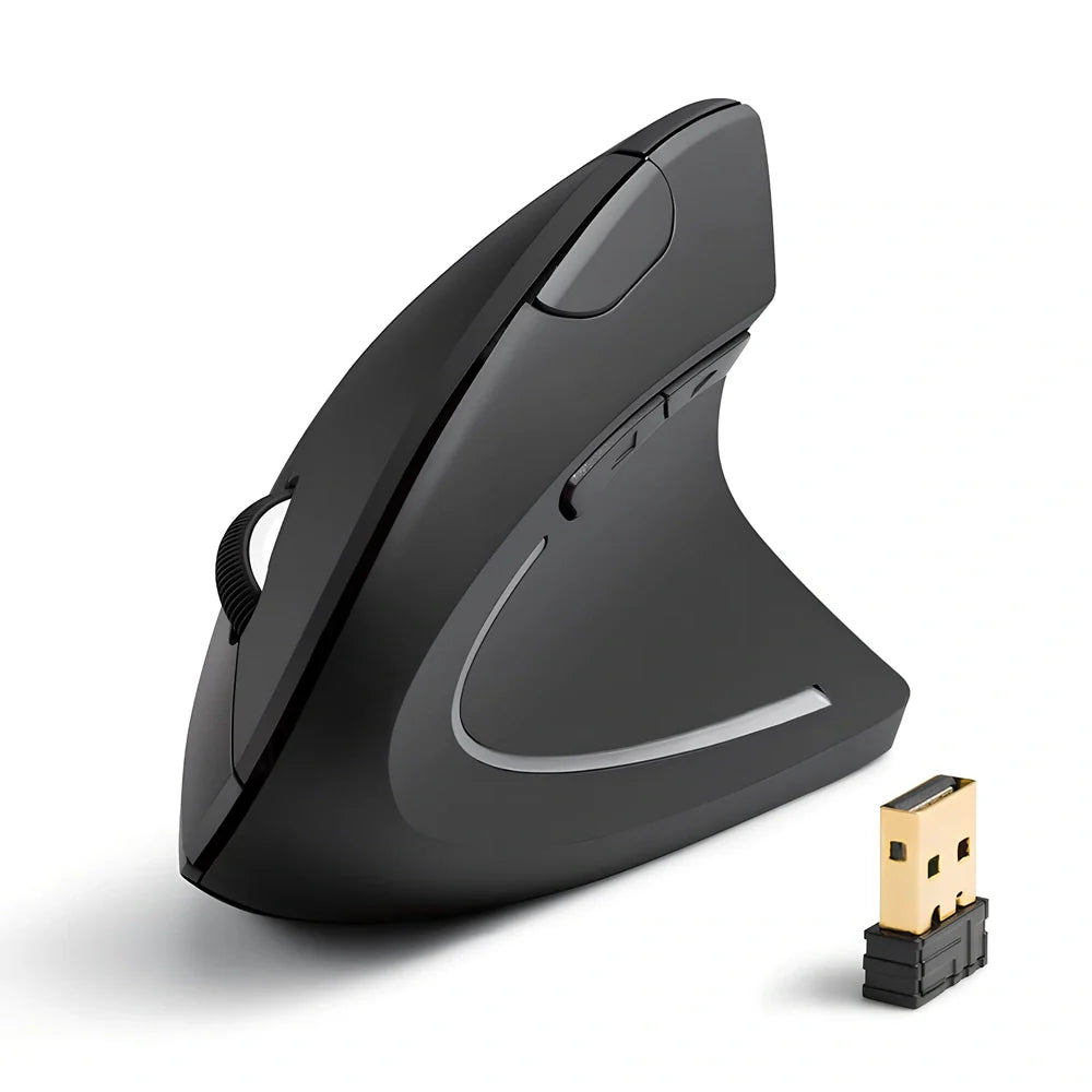 Black ergonomic vertical wireless mouse showing 57-degree angle design with USB receiver