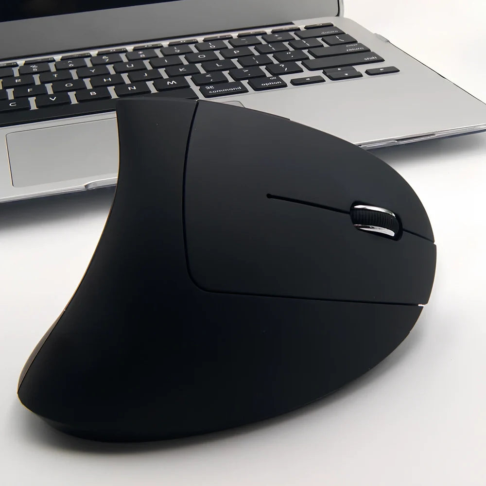 Black ergonomic vertical wireless mouse showing 57-degree angle design with USB receiver